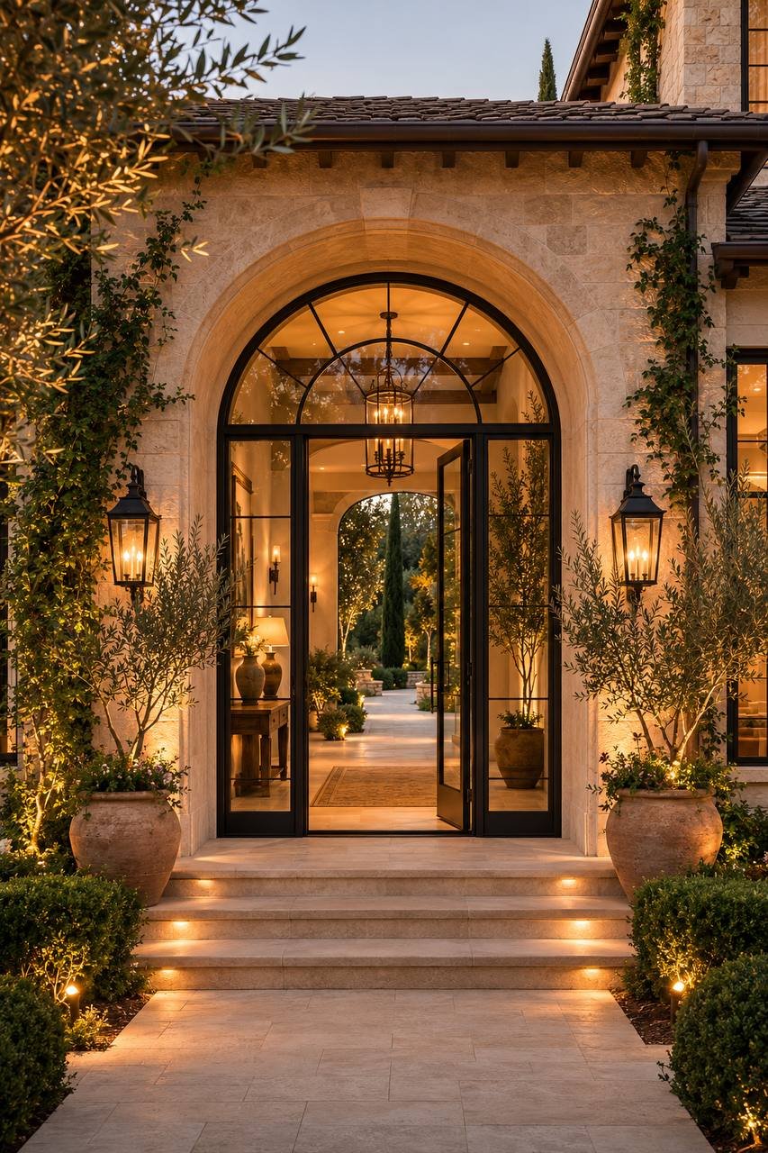 Architectural design — arched stone entry at dusk