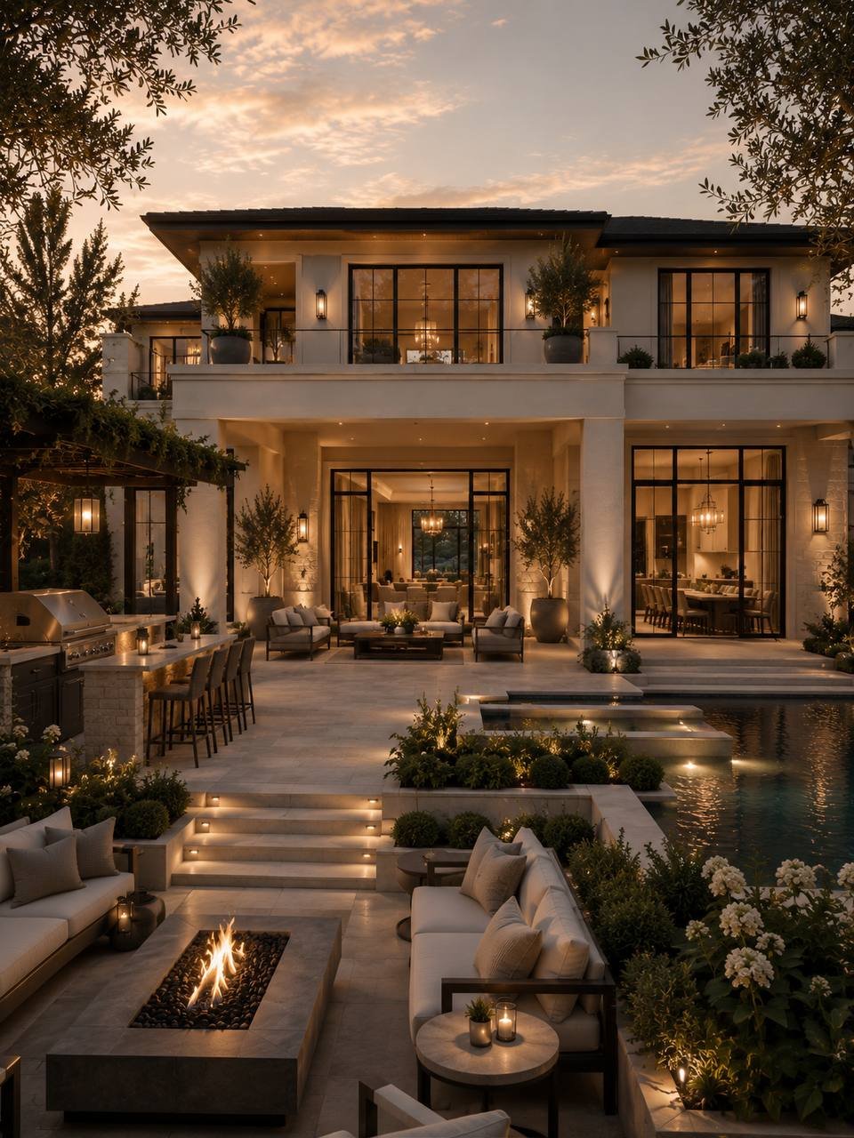 Architectural design — poolside terrace at sunset