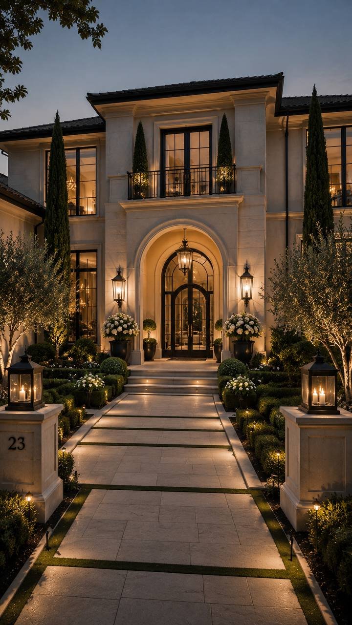 Architectural design — lantern-lit walkway to grand entry