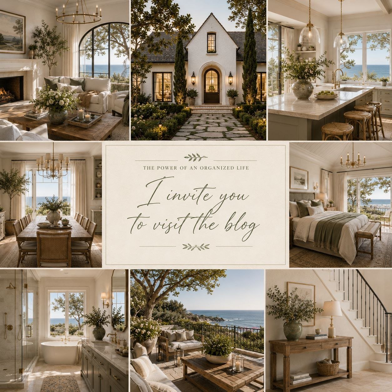 The Power of an Organized Life — collage of serene interiors and invitation to visit the blog