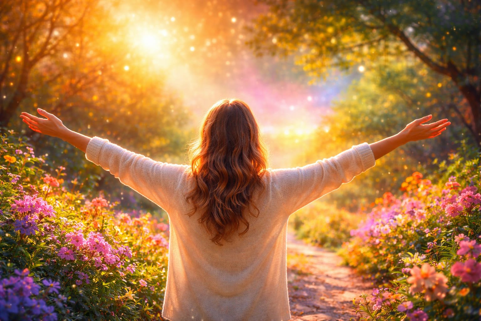 Joyful woman with open arms in a garden of pink flowers