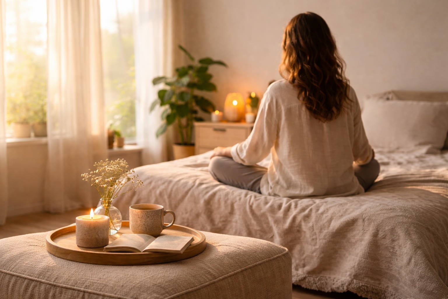Woman in her morning ritual in a warm, cream-toned bedroom
