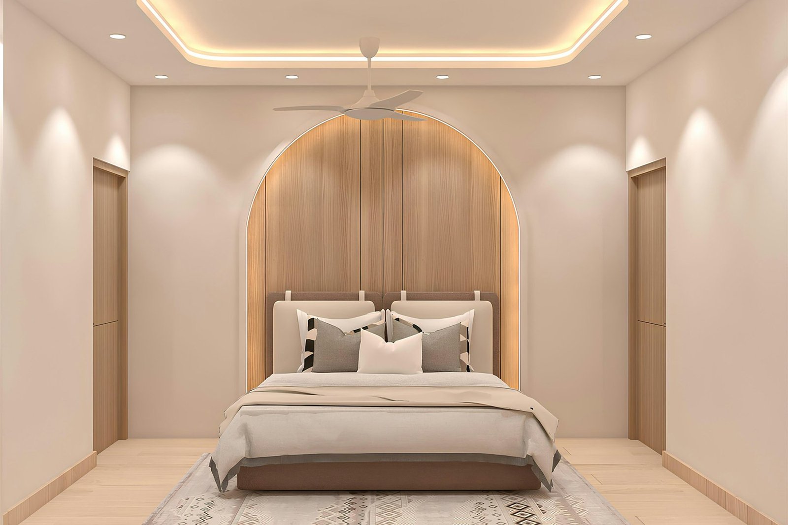 Bedroom with a softly lit arched headboard wall in warm evening light