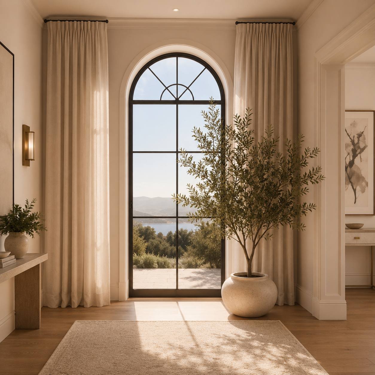 Arched window dressed with sheer curtains beside an olive tree