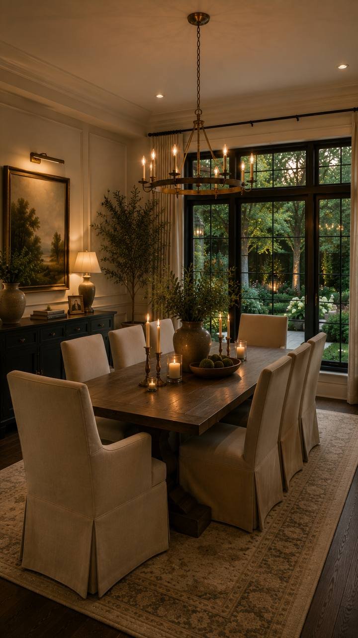 Candlelit dining room with a solid wood table, ceramics and garden views at dusk