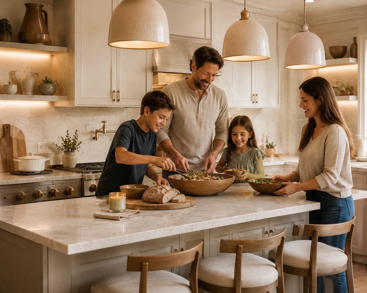 Family preparing a meal together around a marble kitchen island