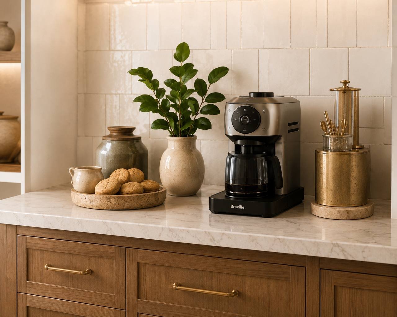 Coffee station with espresso machine, cookies, and a small plant