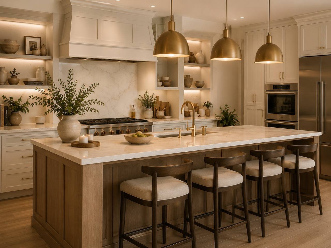 Warm kitchen with wooden island and inviting styling