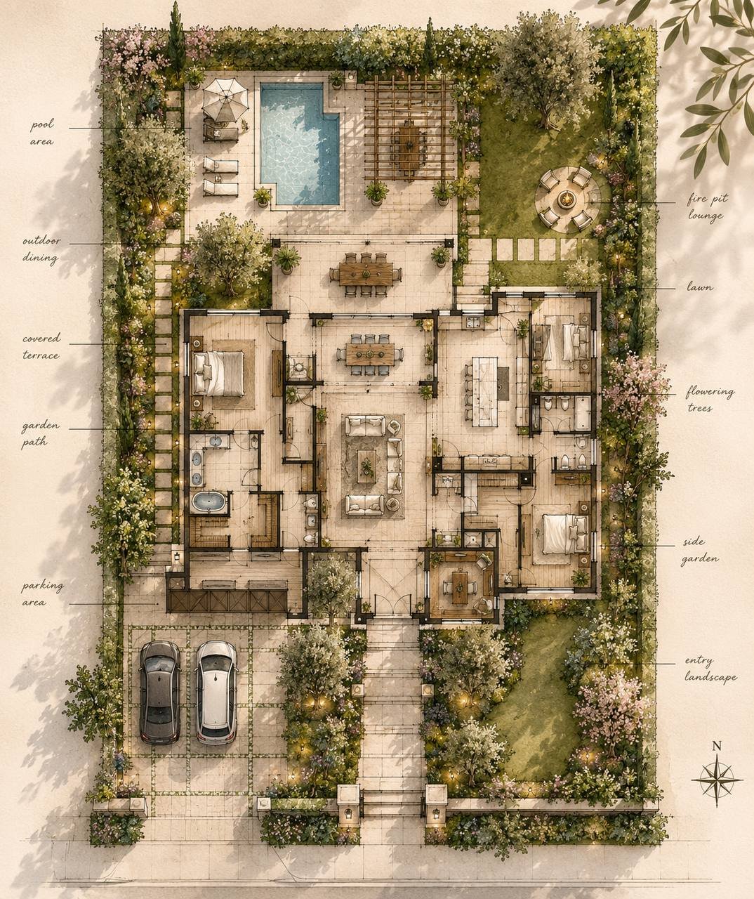Space planning — site plan with gardens and pool