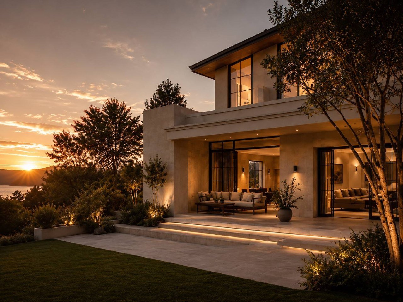 Modern home glowing at golden hour with warm interior light