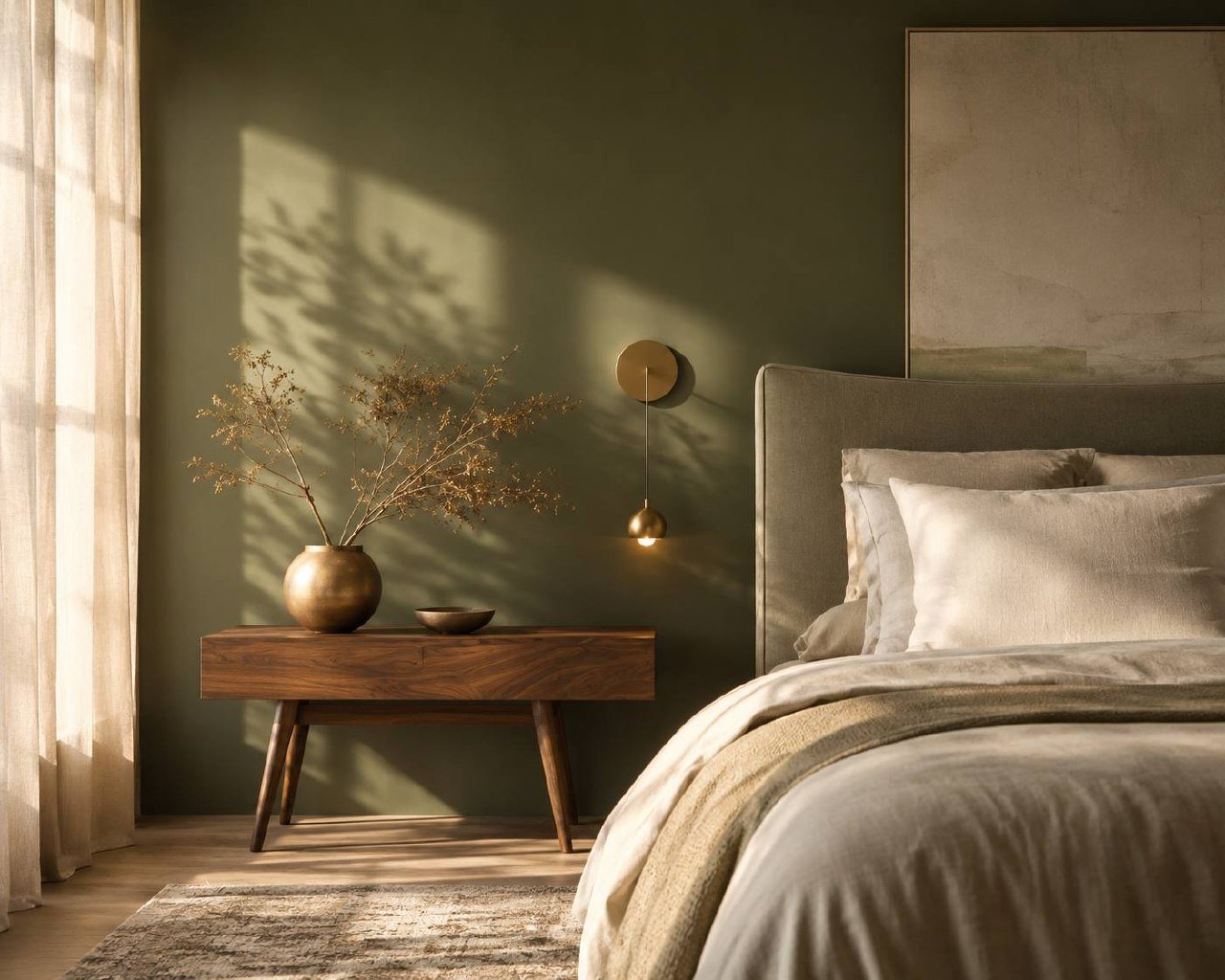 Warm bedroom with soft sunlight, an olive wall, and layered natural linens