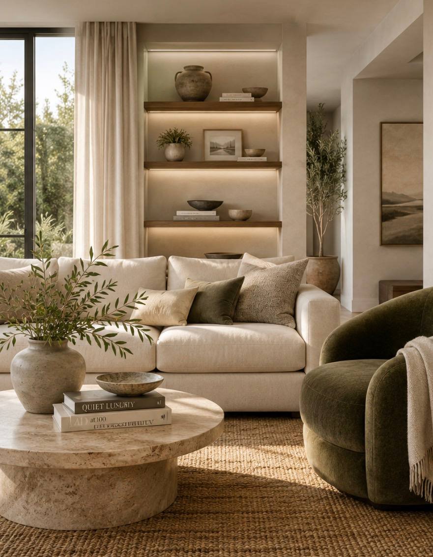 Warm living room with neutral tones, natural accents, and layered textures