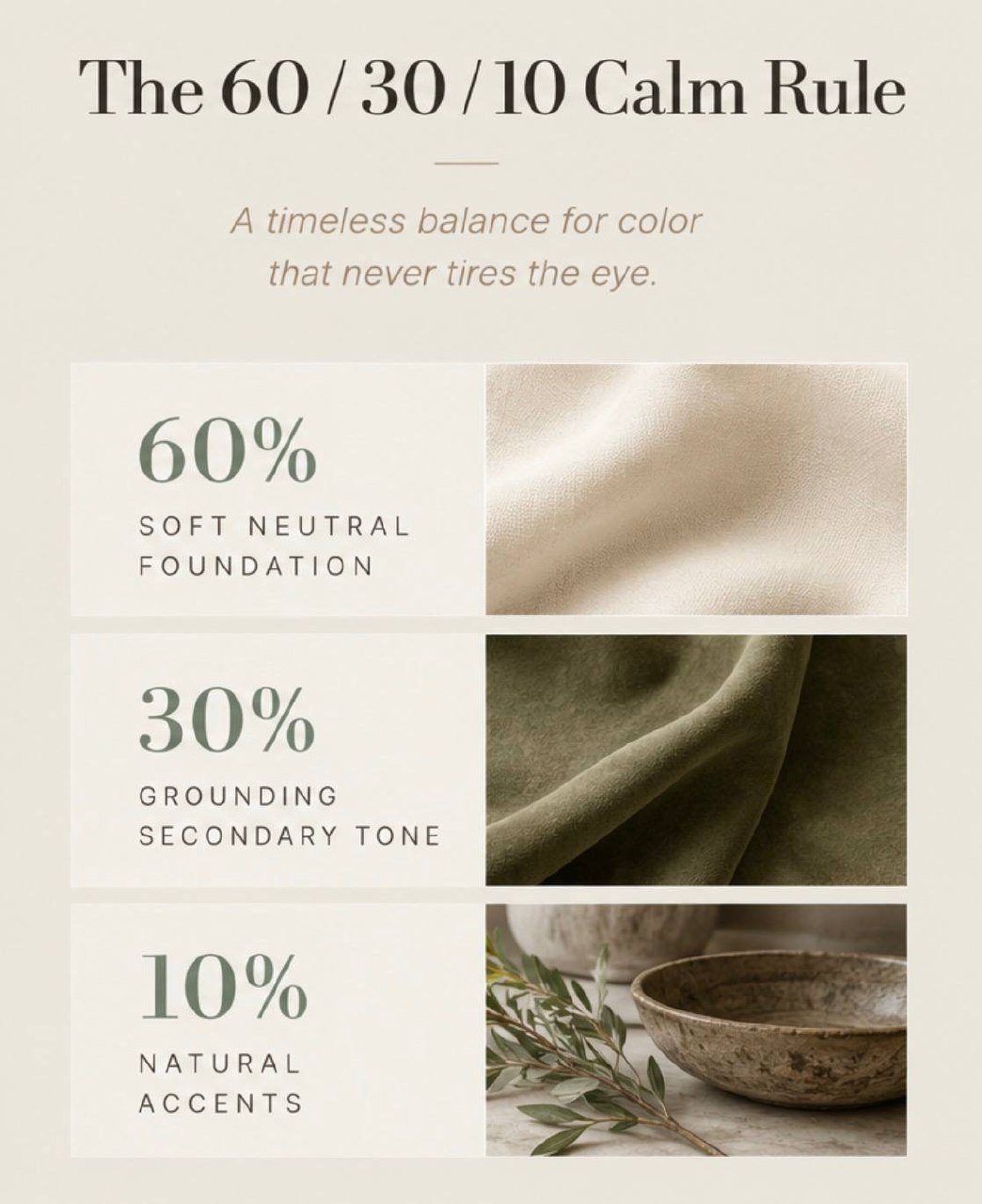 The 60 30 10 calm rule with neutral, grounding, and natural accent tones