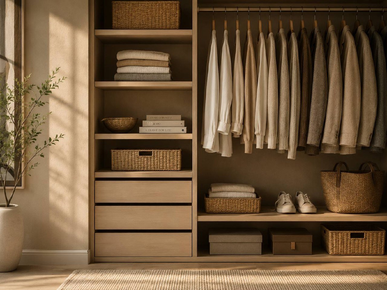 Warmly lit organized closet with folded linens, baskets, and neutral clothing