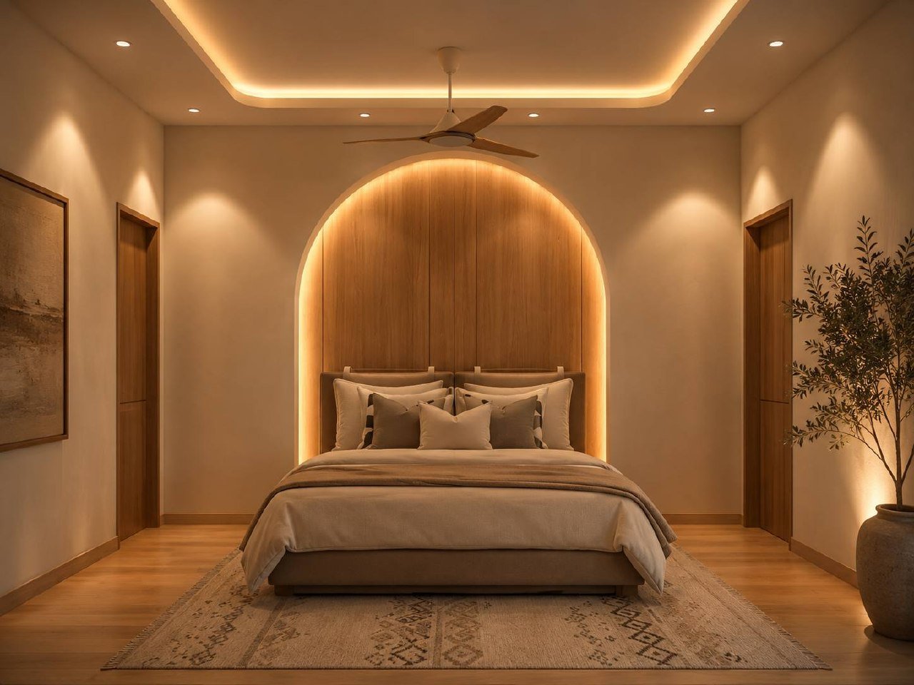 Warm bedroom with an illuminated arched headboard and layered bedding