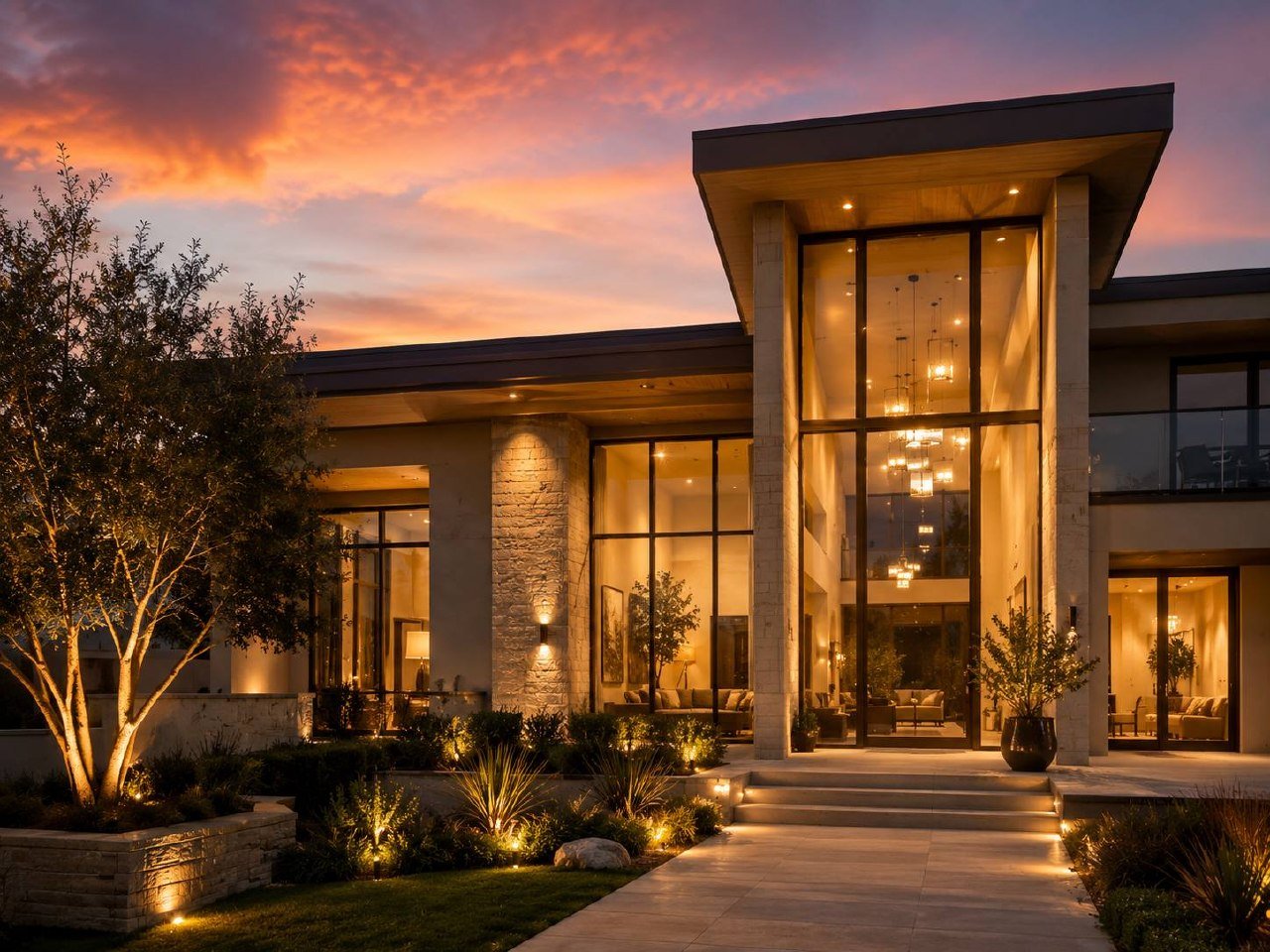 Modern home glowing warmly at dusk beneath a colorful evening sky