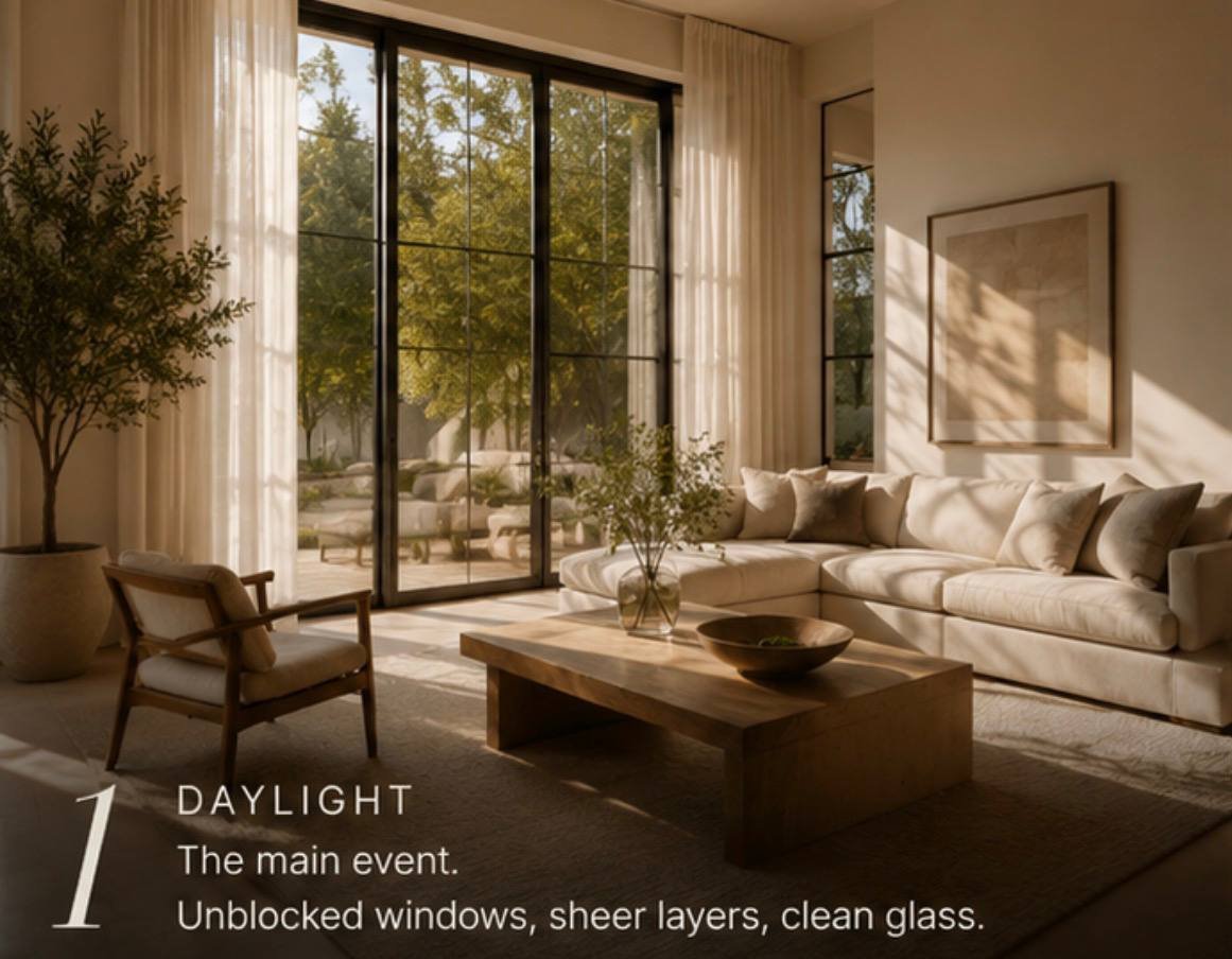 Daylight: unblocked windows, sheer layers, and clean glass