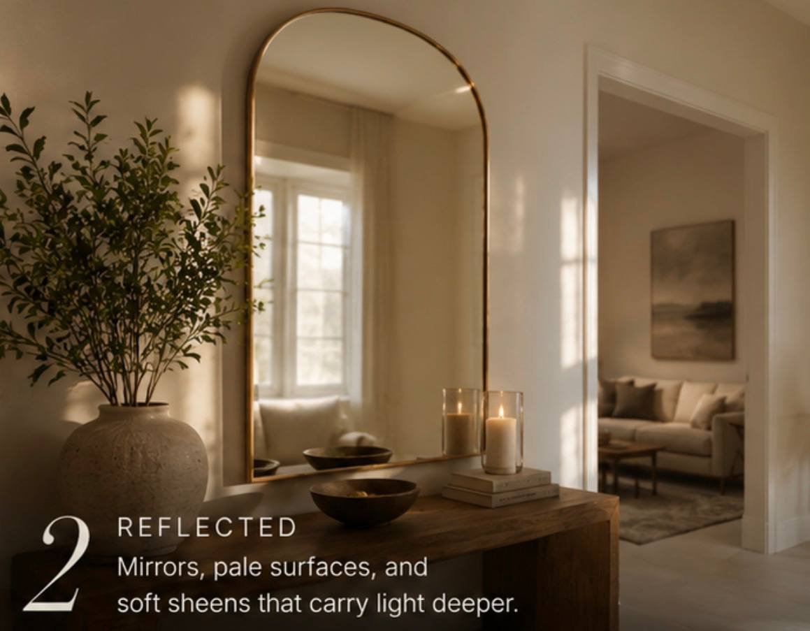Reflected light: mirrors, pale surfaces, and soft sheens