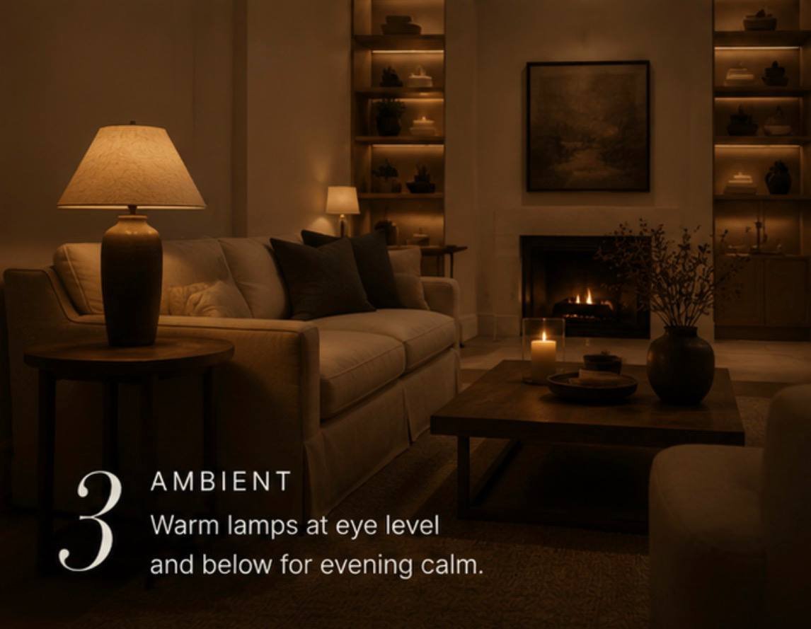 Ambient light: warm lamps at eye level and below