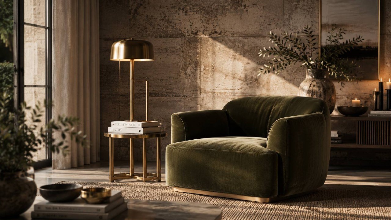 Deep olive velvet chair with warm light, stone, and natural textures