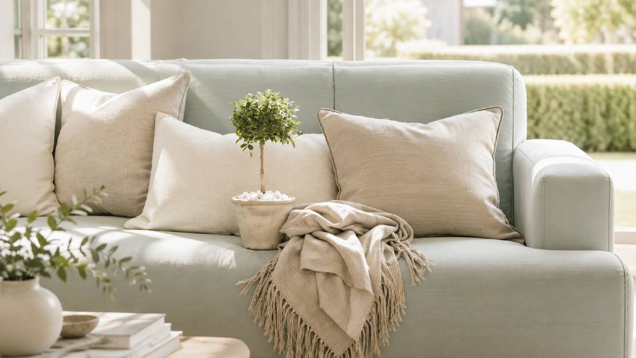 Soft linen sofa with layered neutral cushions and a natural throw