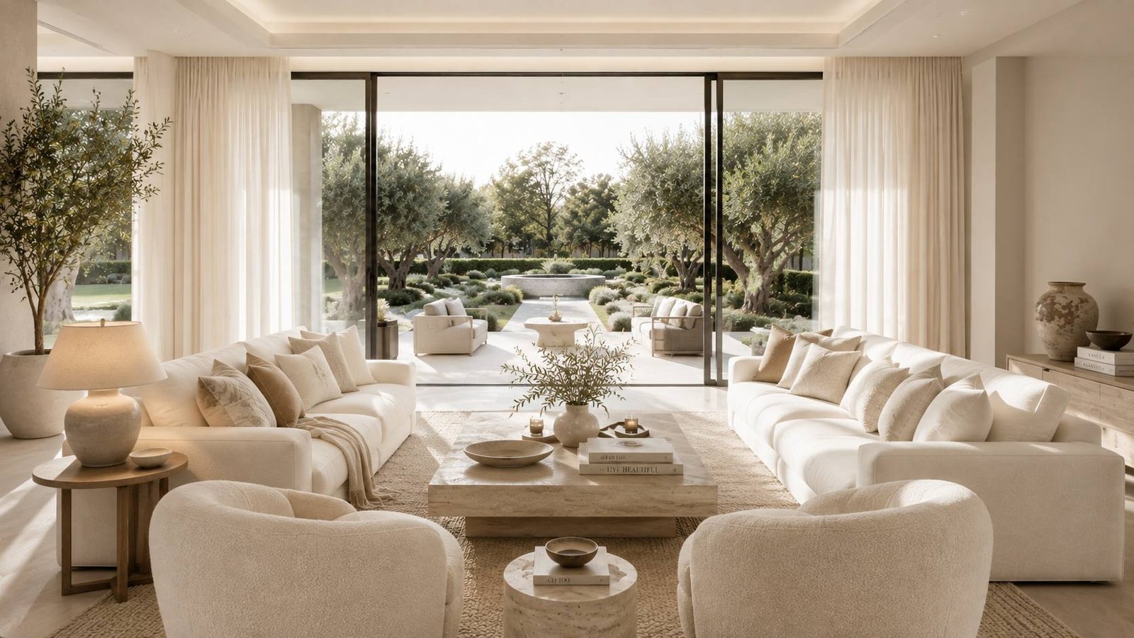 Bright white living room with garden views and layered neutral seating