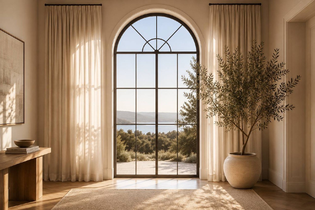 Tall arched window with soft curtains, warm sunlight, and a garden view