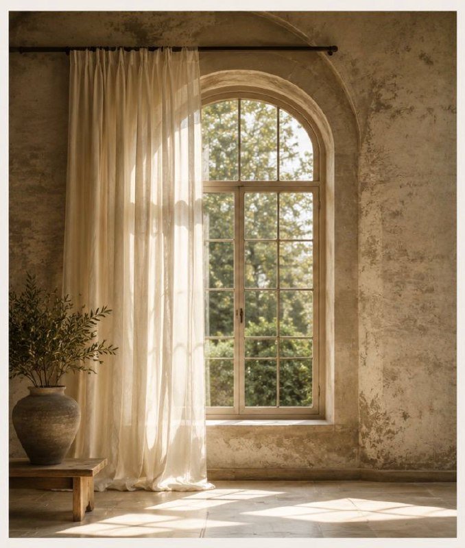 Tall arched window with sheer curtains and warm natural light