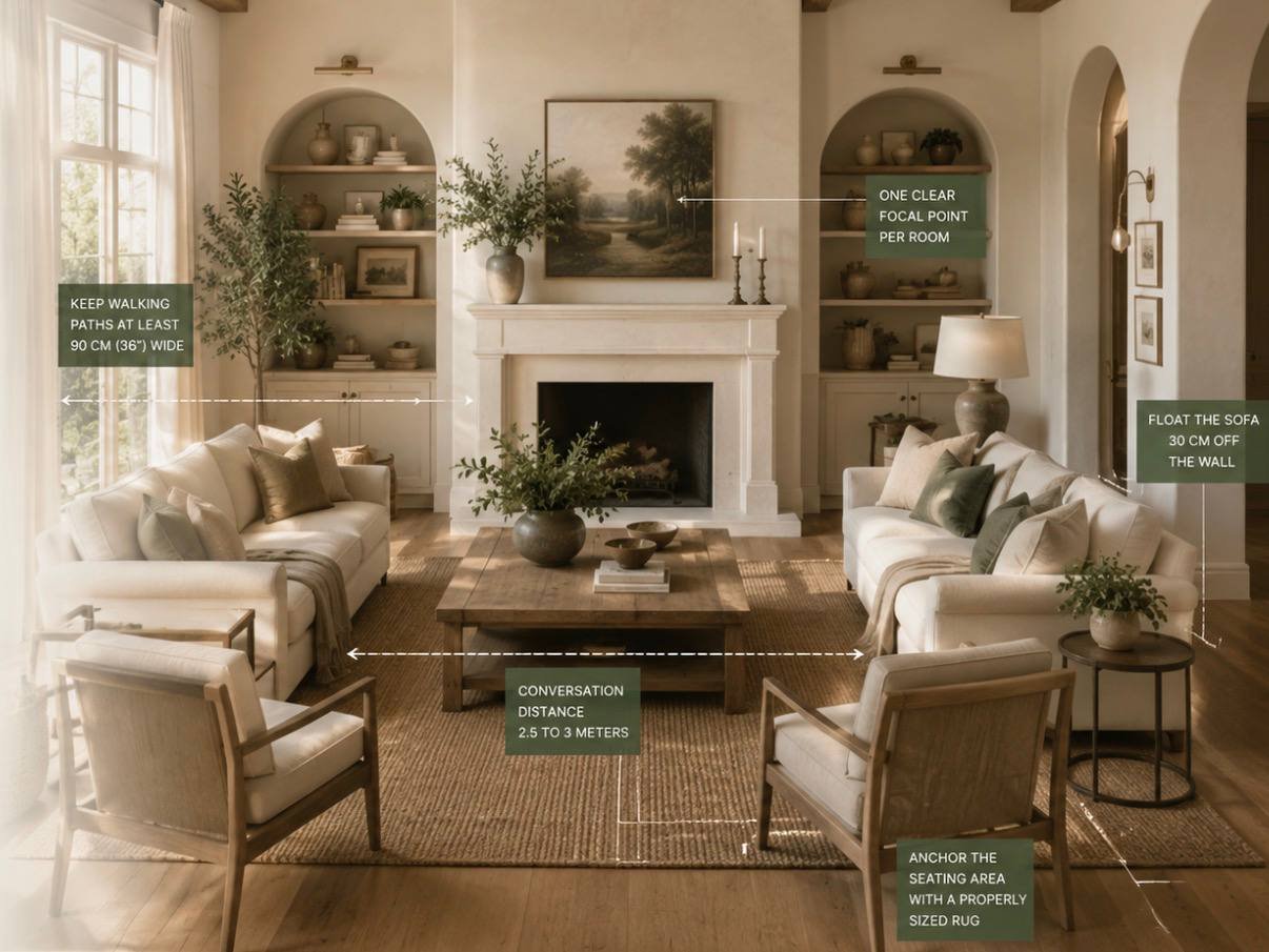 Living room layout with balanced seating, clear circulation, and a central focal point