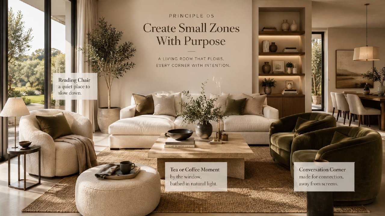 Living room arranged into intentional zones for reading, coffee, and conversation