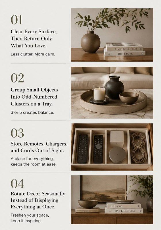 Edit and organize living room surfaces with calm, intentional styling