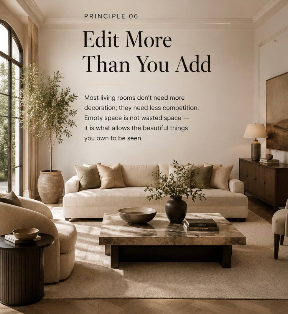 Calm living room with edited decor, neutral seating, and intentional negative space
