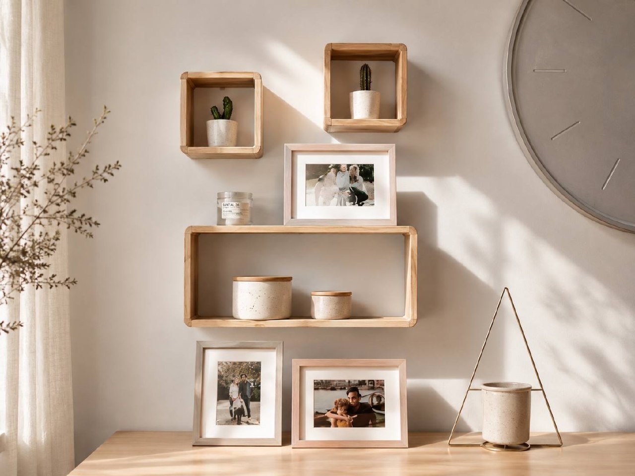 Warmly lit shelf display with framed photos, vases, and objects arranged with breathing room