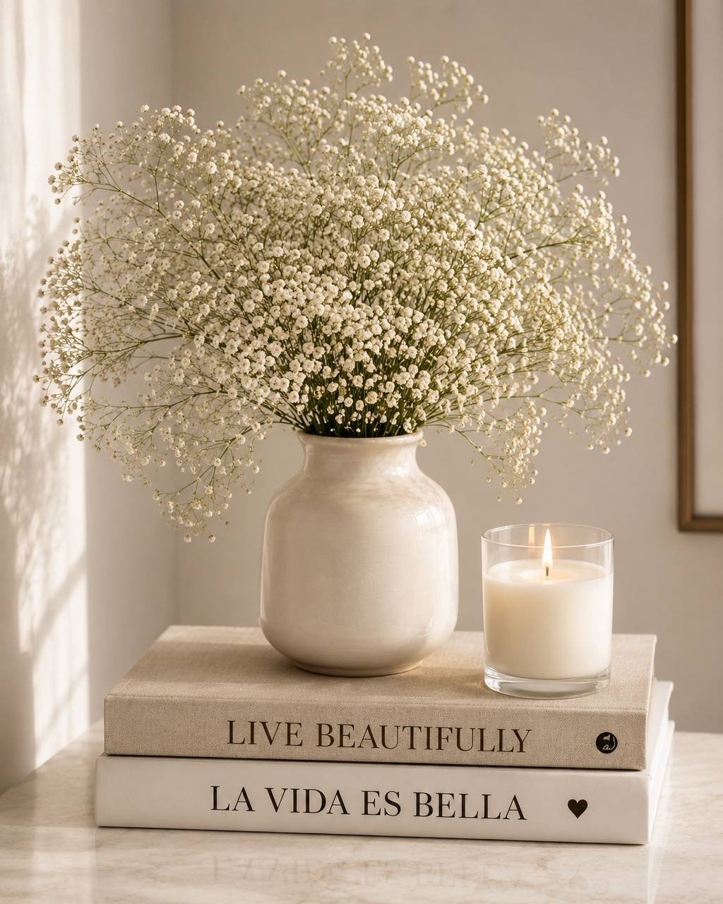 White bouquet, fashion book, and lit candle
