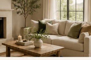 Bright living room with cream sofa, natural wood, and plants: a home that embraces