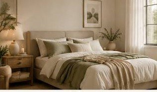Serene bedroom with neutral linen bedding and natural light