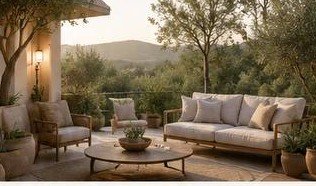 Serene seaside space with light furniture, soft textiles, and greenery