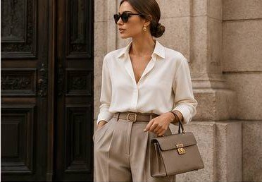 Timeless feminine look with neutral pieces and curated accessories